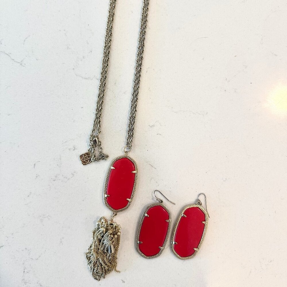 Kendra Scott Red Rayne Necklace and Danielle Earrings Set